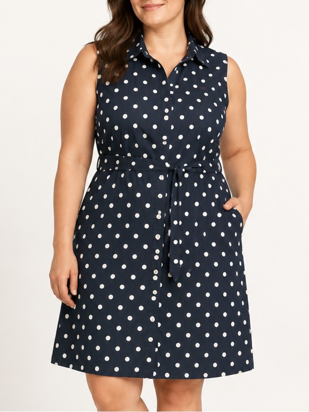 Tommy Hilfiger Navy White Polka Dot Cotton Belted Shirt Dress Size 14